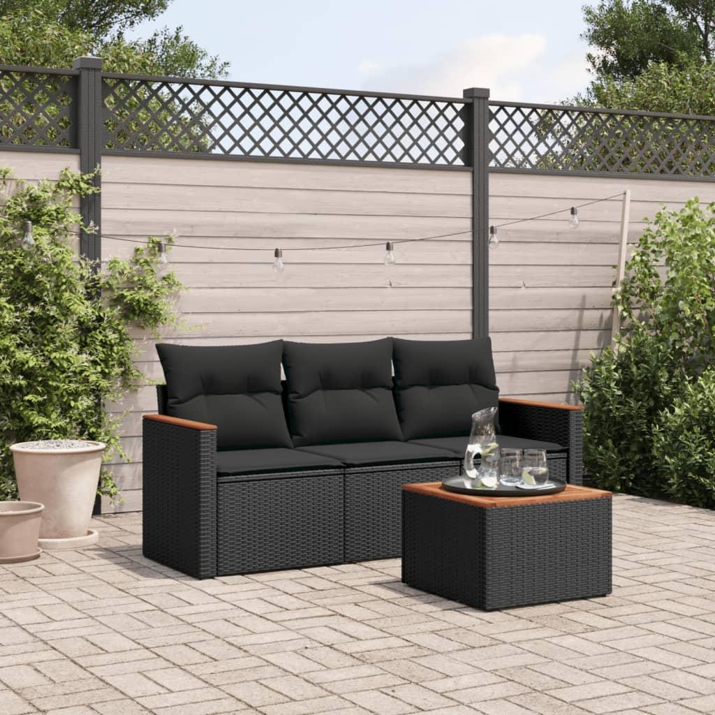 Sofasæt til haven i polyrattan, 4 dele, sort - med hynder og bord i akacietræ Sofasæt til haven i polyrattan, 4 dele, sort - med hynder og bord i akacietræ