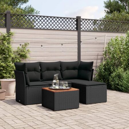 Sofasæt til haven i polyrattan - 5 dele med hynder og bord, sort