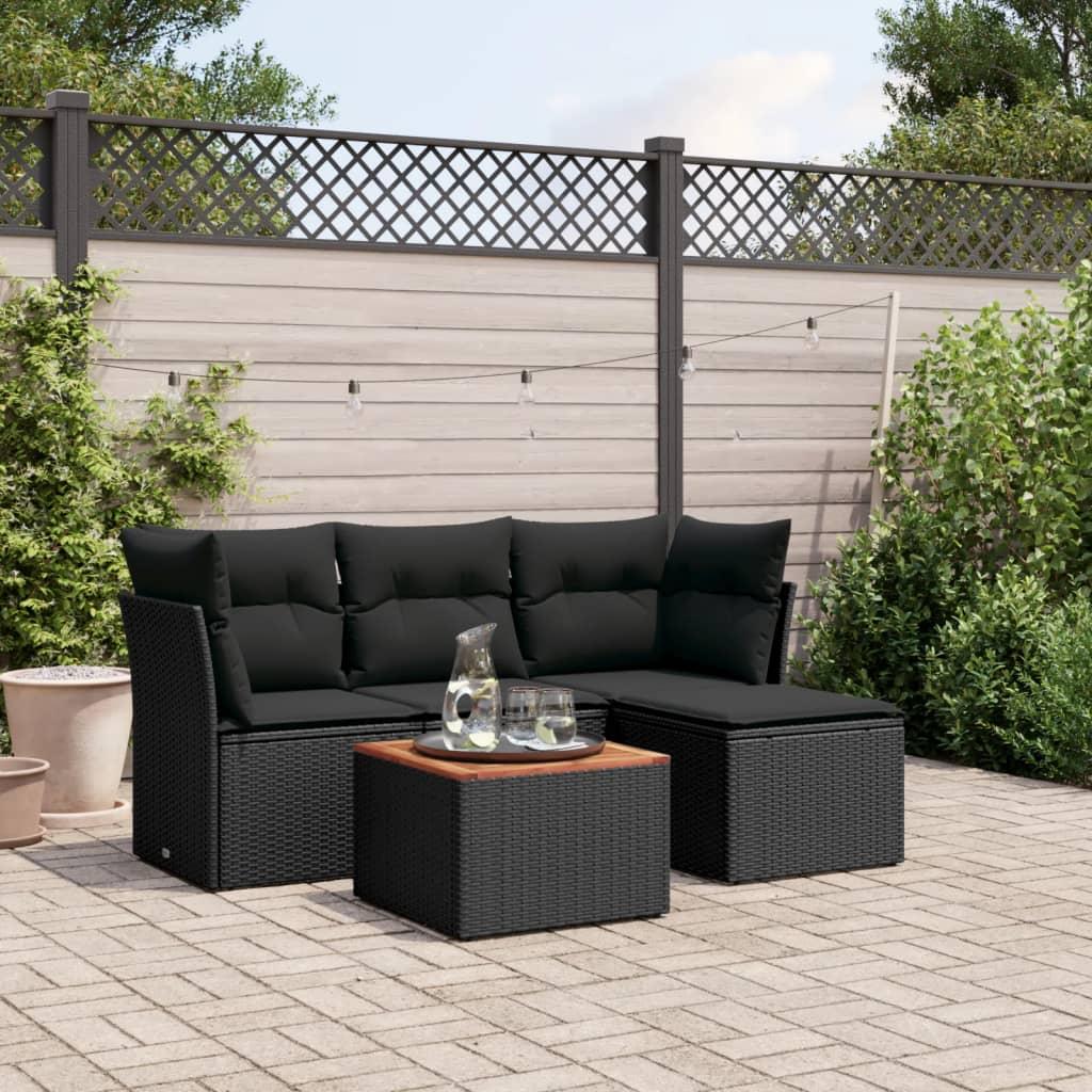 Sofasæt til haven i polyrattan - 5 dele med hynder og bord, sort Sofasæt til haven i polyrattan - 5 dele med hynder og bord, sort