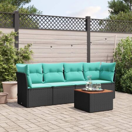 Sofasæt til haven i polyrattan - 5 dele med hynder og bord, sort/blå