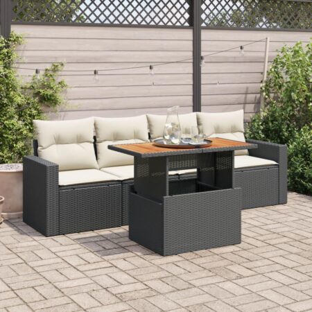 Sofasæt til haven i polyrattan - 5 dele med hynder og løftbart bord, sort