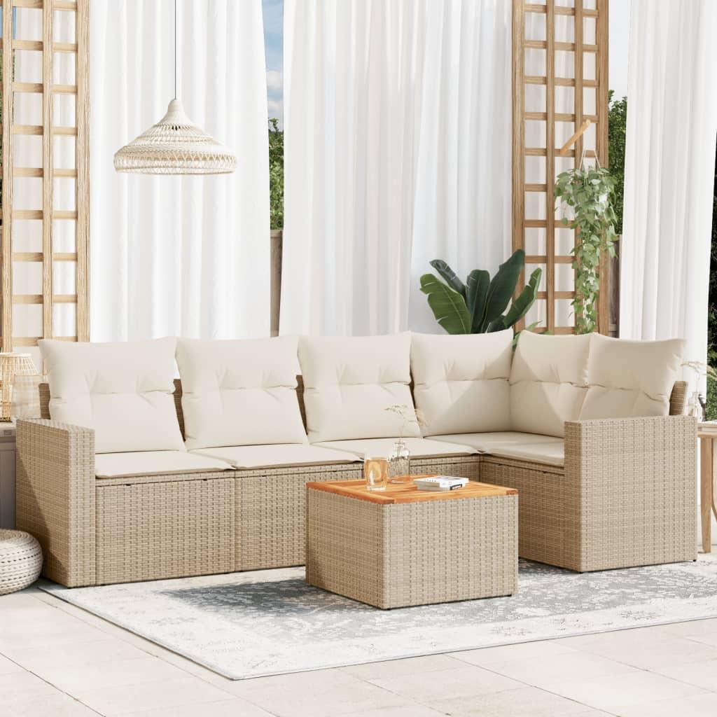 Sofasæt til haven i polyrattan - 6 dele med hynder og bord, beige Sofasæt til haven i polyrattan - 6 dele med hynder og bord, beige