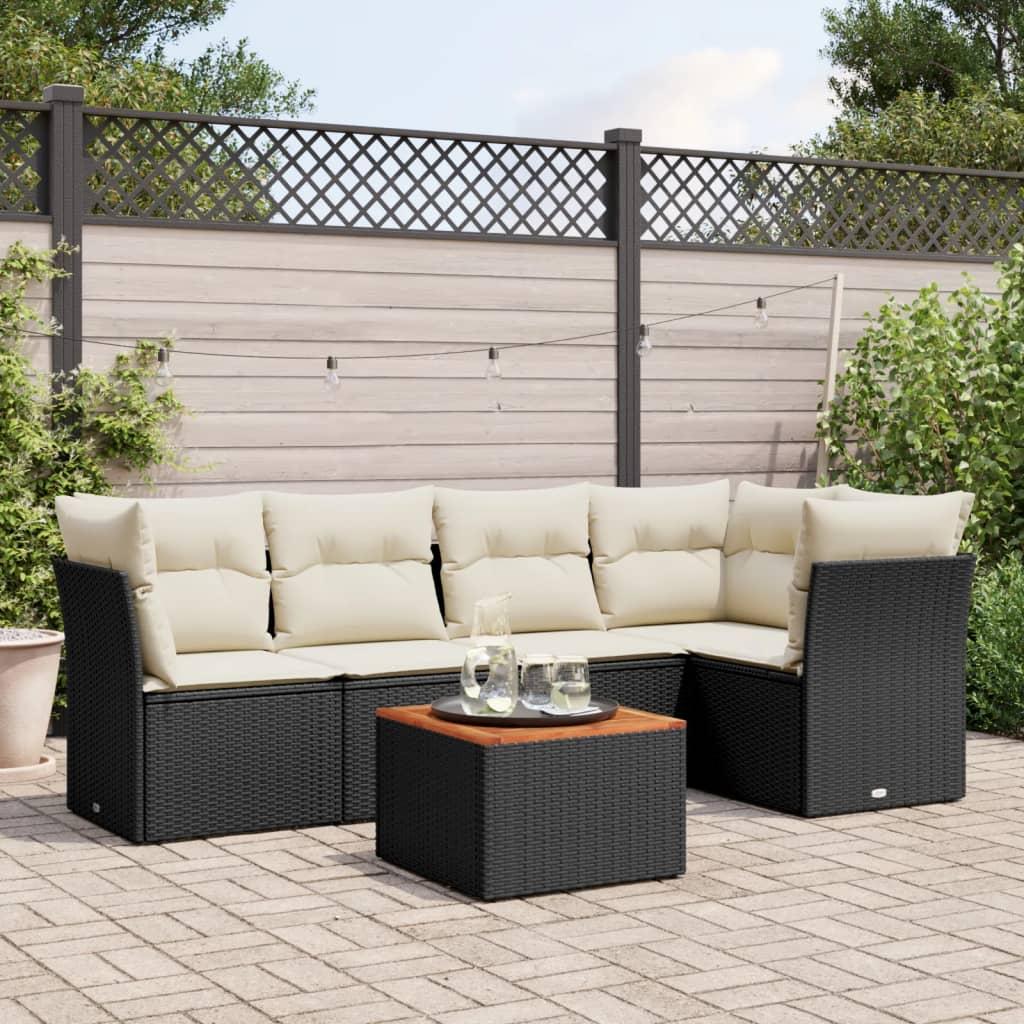 Sofasæt til haven i polyrattan - 6 dele med hynder og bord, sort Sofasæt til haven i polyrattan - 6 dele med hynder og bord, sort