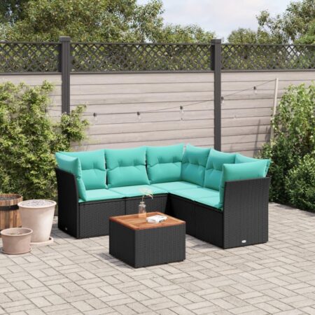 Sofasæt til haven i polyrattan - 6 dele med hynder og bord, sort/blå