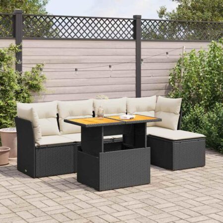 Sofasæt til haven i polyrattan - 6 dele med hynder og løftbart bord, sort