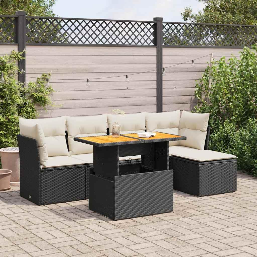 Sofasæt til haven i polyrattan - 6 dele med hynder og løftbart bord, sort Sofasæt til haven i polyrattan - 6 dele med hynder og løftbart bord, sort