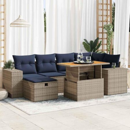Sofasæt til haven i polyrattan - 7 dele med blå hynder og bord i akacietræ, brun/grå