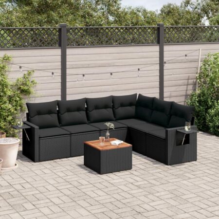 Sofasæt til haven i polyrattan - 7 dele med hynder og bord, sort