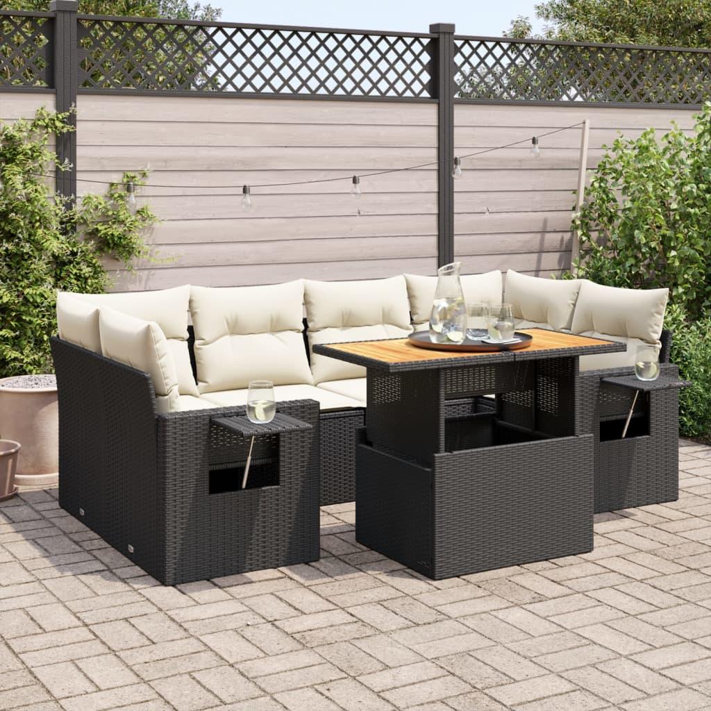 Sofasæt til haven i polyrattan, 7 dele, sort - med hynder og hæve/sænke-bord Sofasæt til haven i polyrattan, 7 dele, sort - med hynder og hæve/sænke-bord