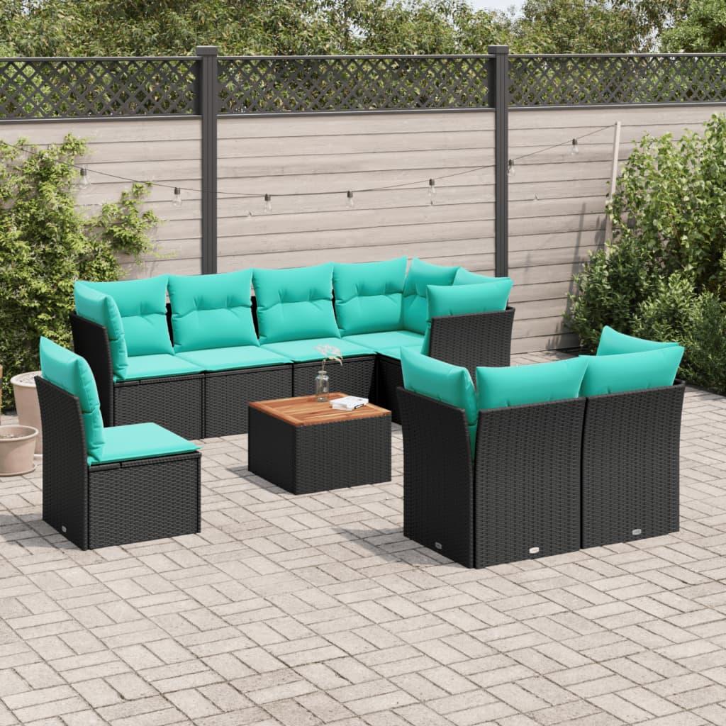 Sofasæt til haven i polyrattan - 9 dele med hynder og bord, sort/blå Sofasæt til haven i polyrattan - 9 dele med hynder og bord, sort/blå