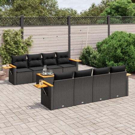 Sofasæt til haven i polyrattan, 9 dele, sort - med hynder og bord