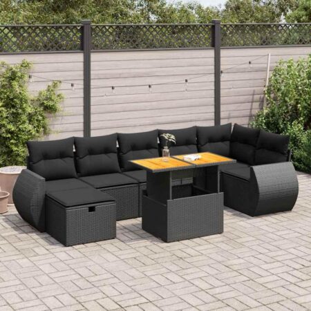 Sofasæt til haven i polyrattan med akacietræs-bord - 5 dele, sort