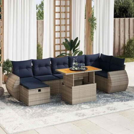 Sofasæt til haven i polyrattan med akacietræs-bord, 8 dele - grå/marineblå