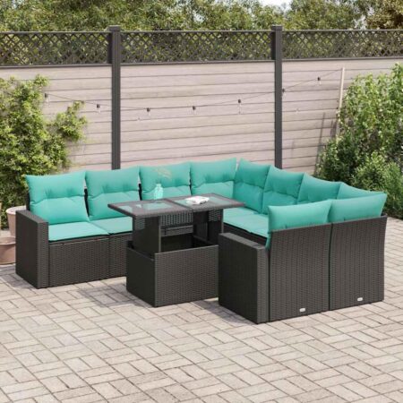 Sofasæt til haven i polyrattan med bord - 9 dele, sort med blå hynder