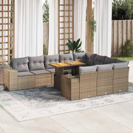 Sofasæt til haven i polyrattan med bord i akacietræ - 10 dele, beige/lysegrå hynder