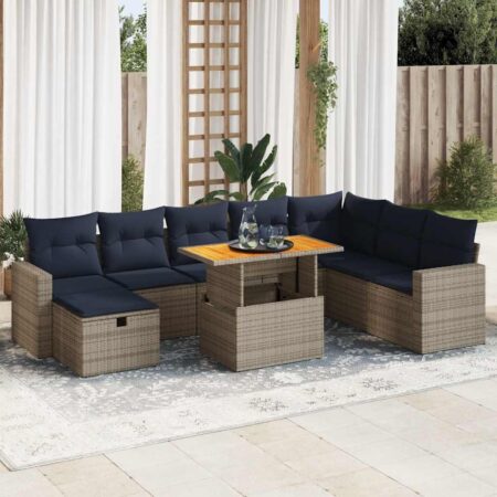 Sofasæt til haven i polyrattan med bord i akacietræ - 9 dele, grå/marineblå hynder