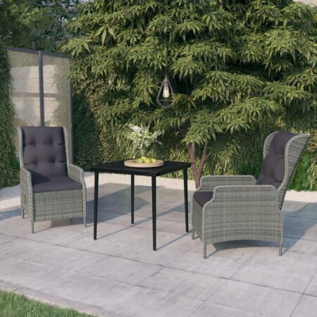 Spisebordssæt til haven 3 dele - lysegrå polyrattan med sort bord