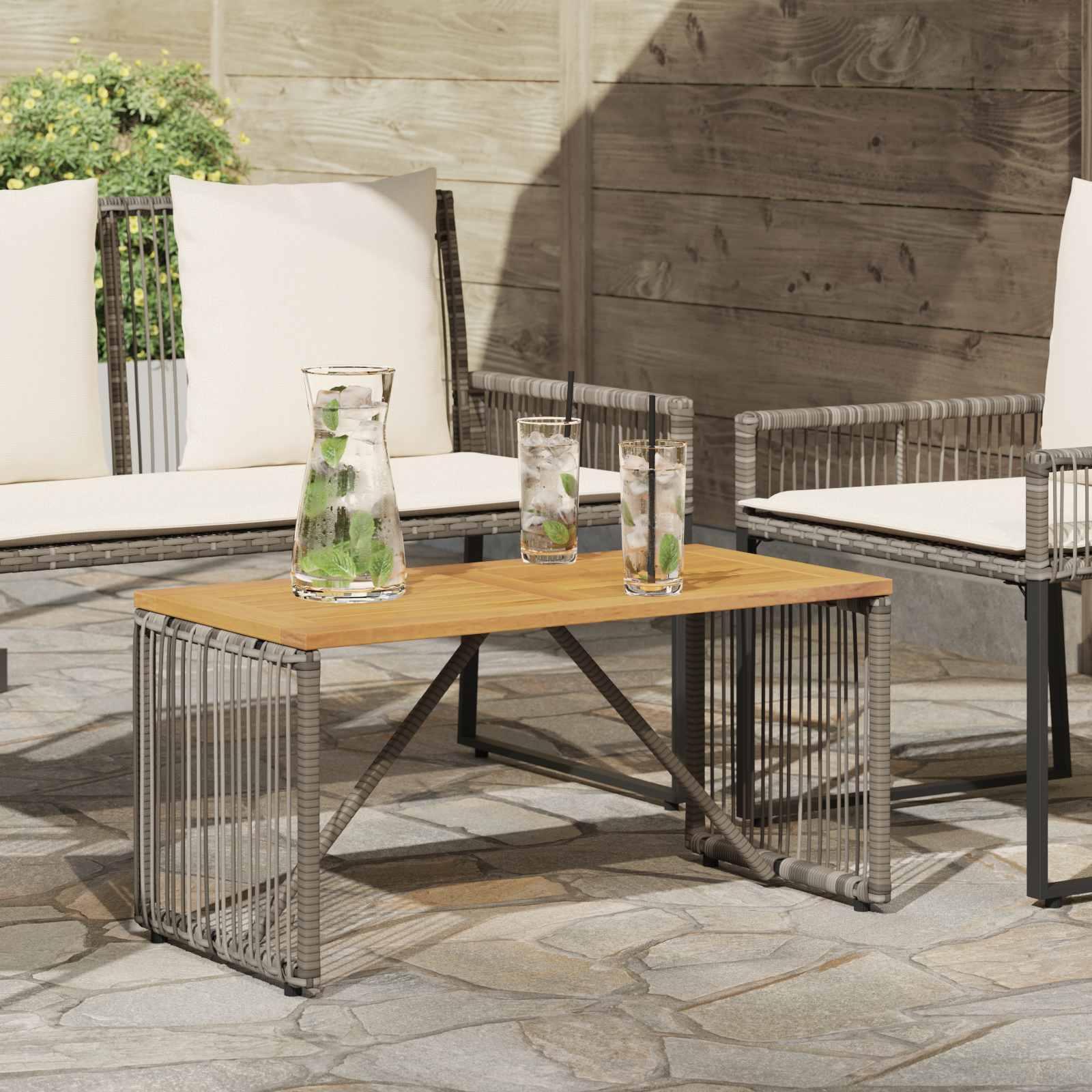 Udendørs havebord i polyrattan med akacietop - grå/brun 80 × 40 × 40 cm Udendørs havebord i polyrattan med akacietop - grå/brun 80 × 40 × 40 cm