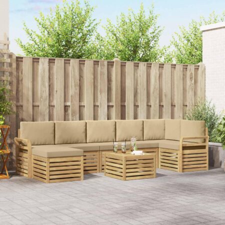 Udendørs sofagruppe i akacietræ - 8-pers. modulsofa m. bord, hvid/beige