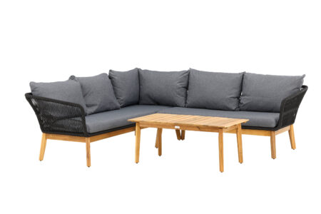 VENTURE HOME Chania havehjørnesofasæt, m. 1 bord, 1 sofa og mørkegrå hynder - sort reb og natur akacietræ