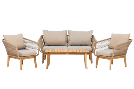 VENTURE HOME Chania havesofasæt, m. 1 bord, 1 sofa, 2 stole og beige hynder - natur reb og natur akacietræ
