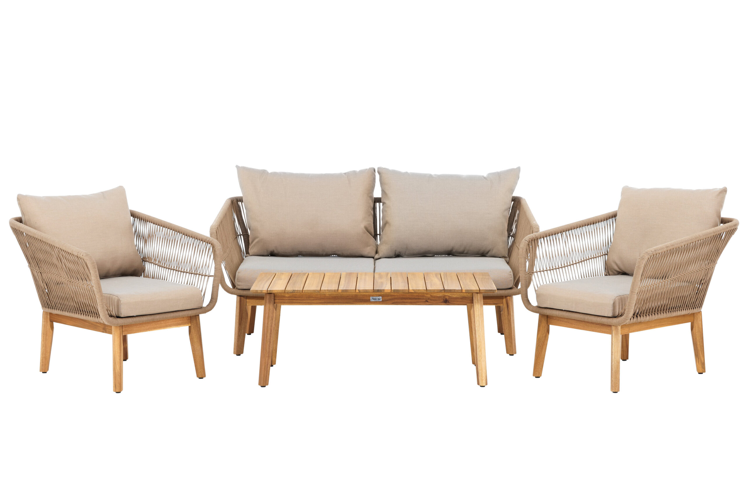VENTURE HOME Chania havesofasæt, m. 1 bord, 1 sofa, 2 stole og beige hynder - natur reb og natur akacietræ VENTURE HOME Chania havesofasæt, m. 1 bord, 1 sofa, 2 stole og beige hynder - natur reb og natur akacietræ