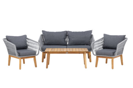 VENTURE HOME Chania havesofasæt, m. 1 bord, 1 sofa, 2 stole og mørkegrå hynder - lysegrå reb og natur akacietræ