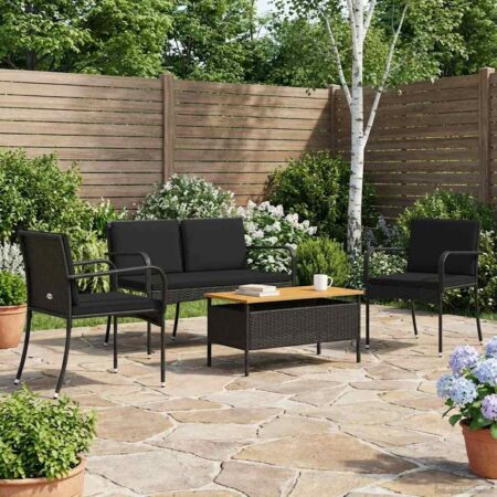 4-delt havemøbelsæt i sort polyrattan med bord