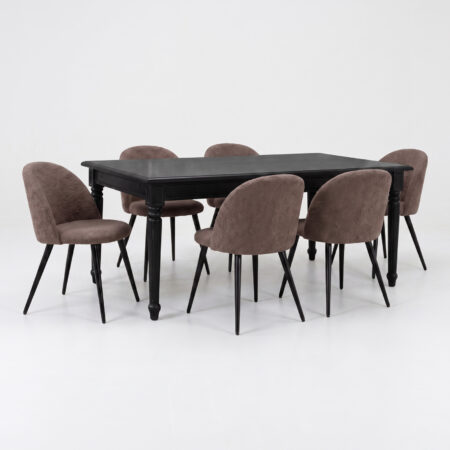 Amaretta spisebordssæt bord sort 100x180/280 inkl. 2 tillægsplader, 6 stole boucle brun