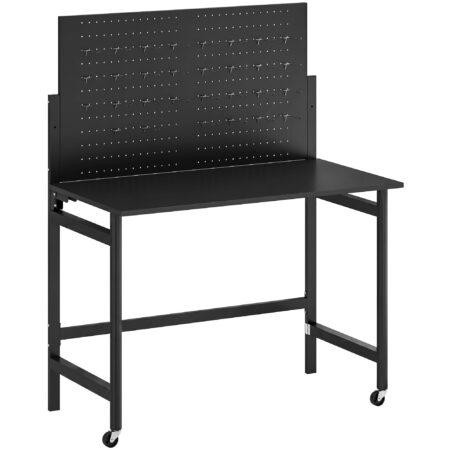 Arbejdsbænk med stiftbræt, foldbar mobil arbejdsbænk med hjul, tyk bordplade, stålramme, kroge, sort
