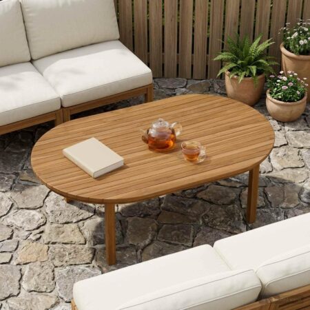 Bordplade i massiv teaktræ 120 x 70 cm oval naturfarvet