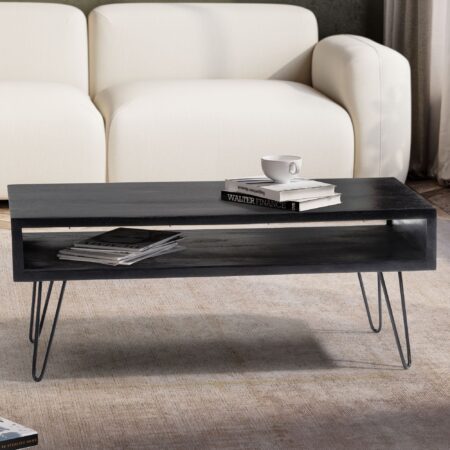 Elegant sofabord med hårnåleben, håndlavet i massivt træ, 100x50x40 cm, mat sort