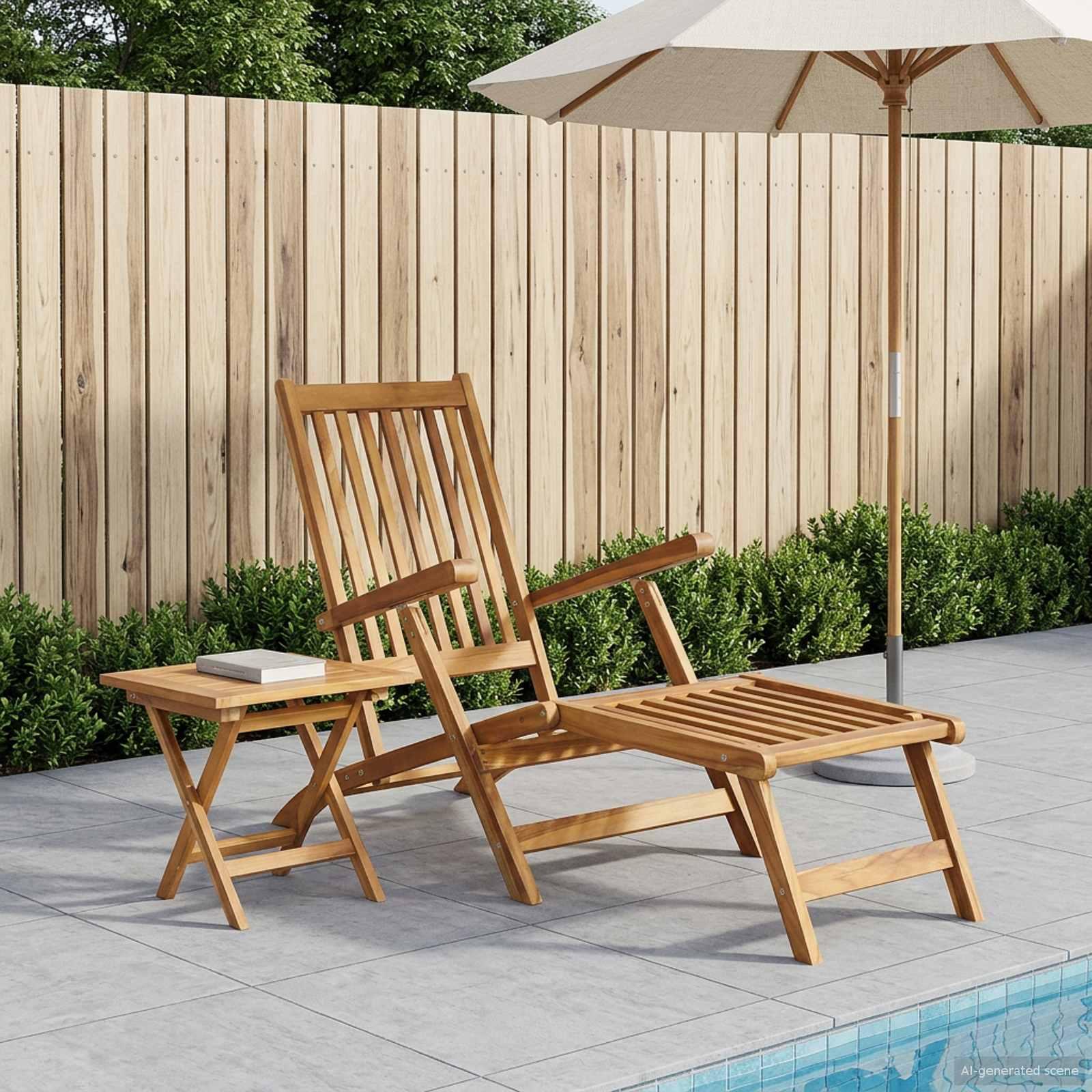 Foldestol med bord i massiv teaktræ - naturfarvet loungestol Foldestol med bord i massiv teaktræ - naturfarvet loungestol