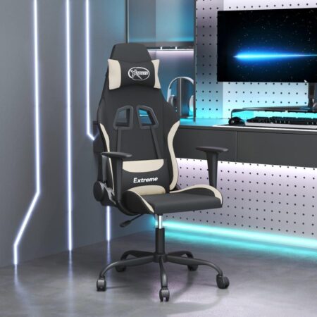 Gamingstol i stof - sort/creme, justerbar drejestol til gaming og skrivebord