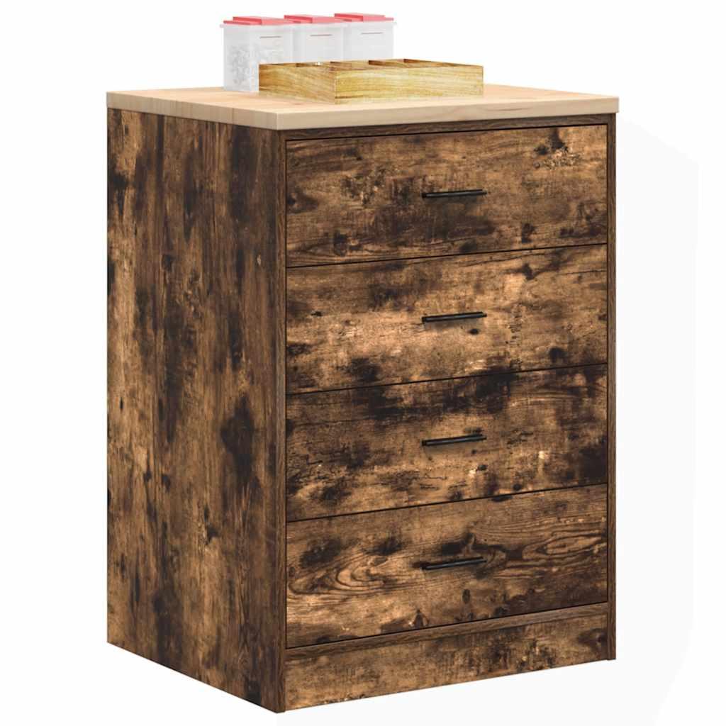 Garageopbevaringsskab med 4 skuffer - røget eg, 60×51×85 cm, bordplade i massivt fyrretræ Garageopbevaringsskab med 4 skuffer - røget eg, 60×51×85 cm, bordplade i massivt fyrretræ