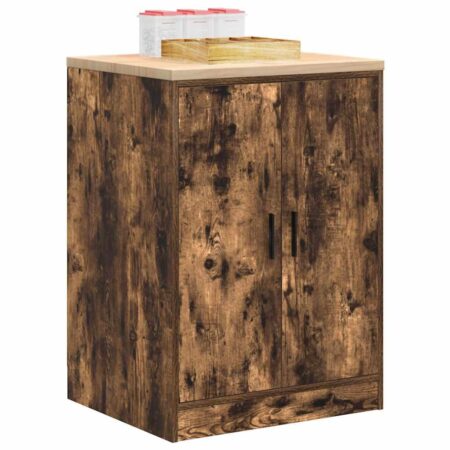 Garageopbevaringsskab - røget eg, 60×51×85 cm, bordplade i massivt fyrretræ