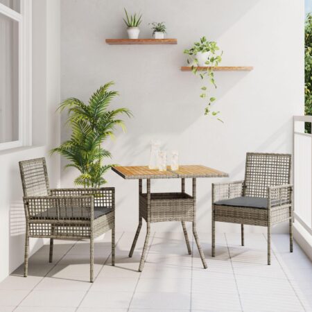 Have spisebordssæt i grå polyrattan - 3 dele med akacietræs-bordplade