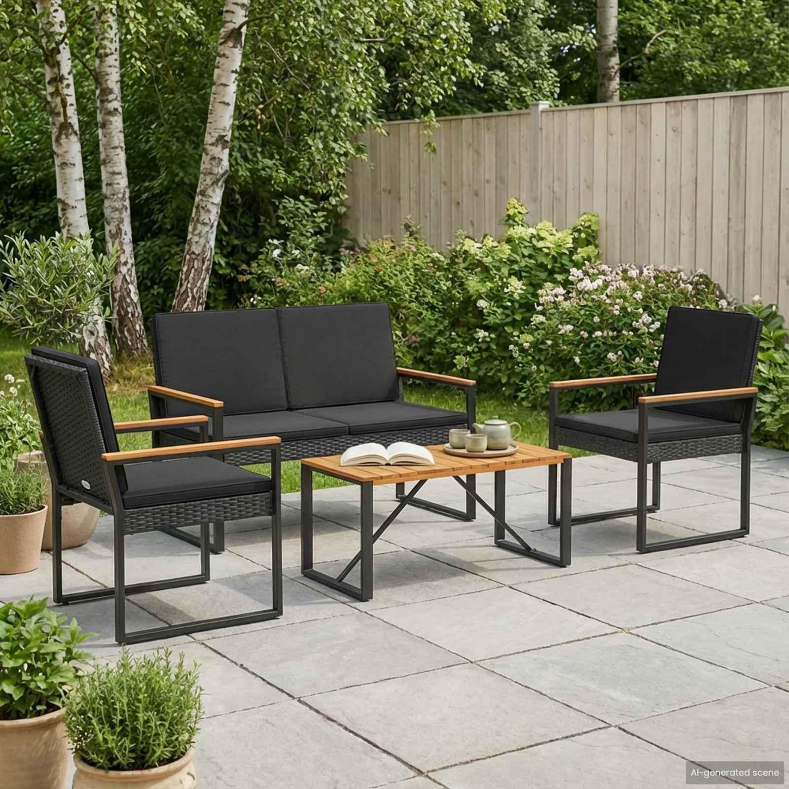 Havemøbelsæt 4 dele i sort polyrattan med bord Havemøbelsæt 4 dele i sort polyrattan med bord
