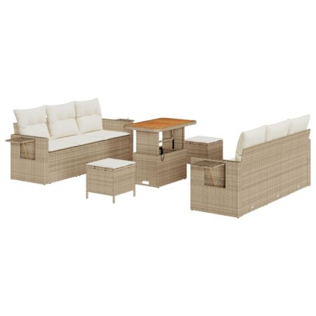 Havemøbelsæt 9 dele med puder og justerbart bord i beige polyrattan