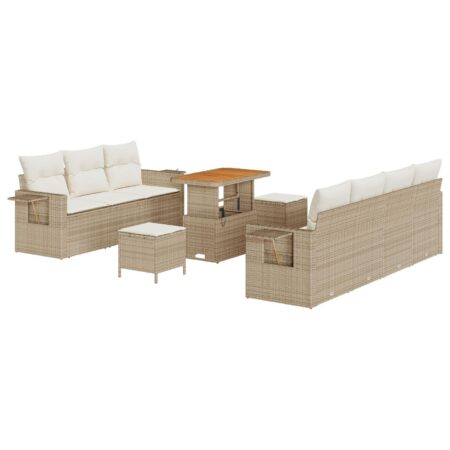 Havesofa sæt 10 dele i beige polyrattan med højdejusterbart bord