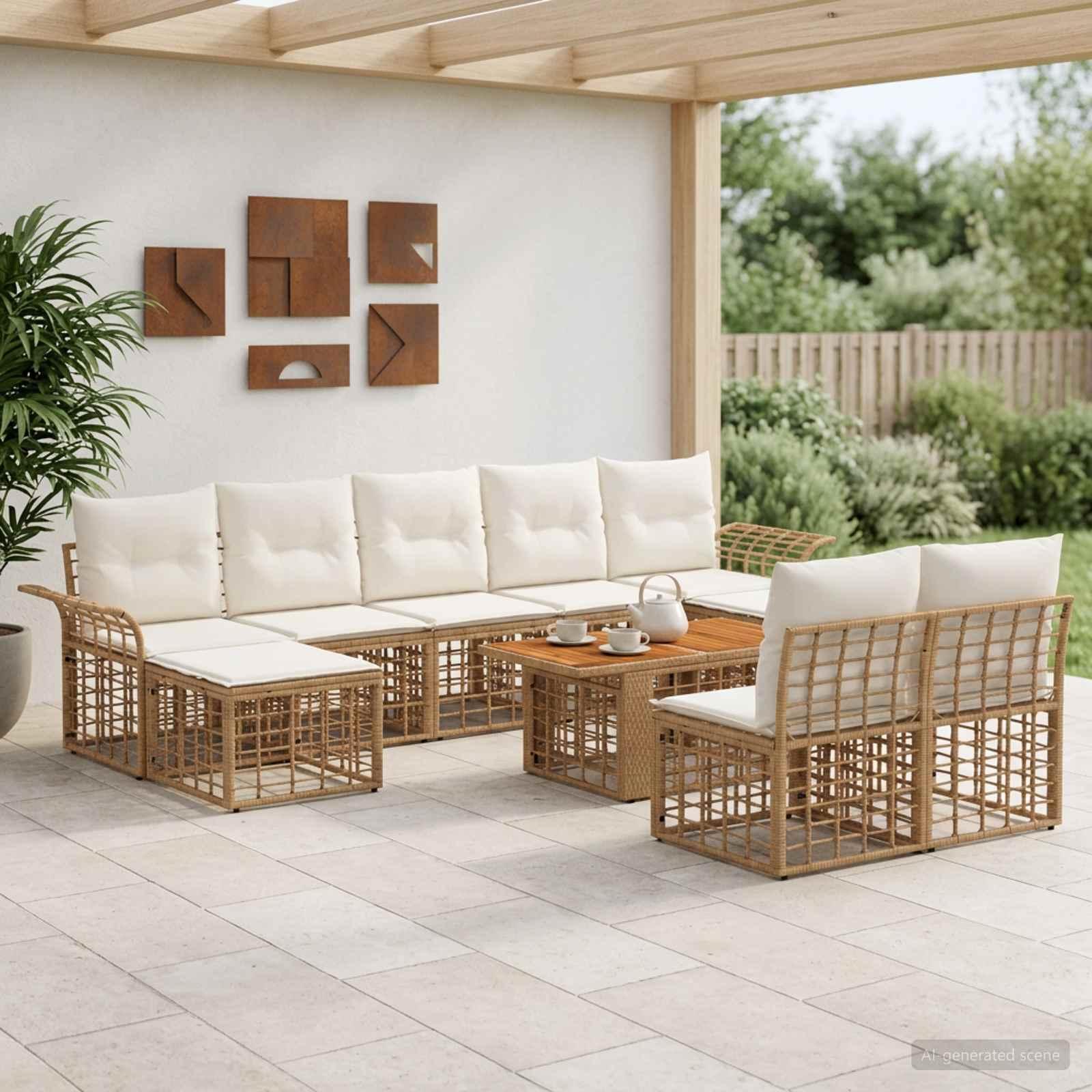 Havesofa sæt 10 dele i polyrattan med bord - naturlig og cremehvid Havesofa sæt 10 dele i polyrattan med bord - naturlig og cremehvid