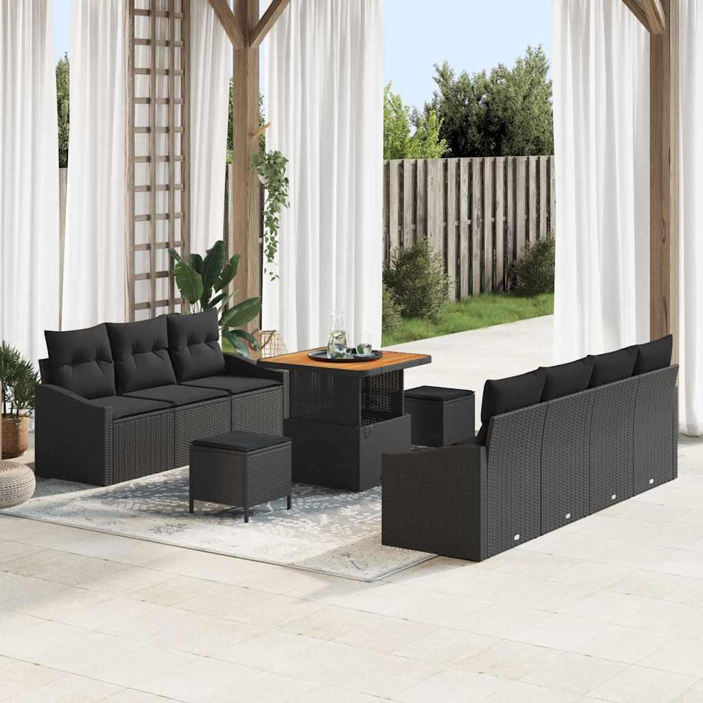 Havesofa sæt 10 dele med puder og højdejusterbart bord i sort polyrattan Havesofa sæt 10 dele med puder og højdejusterbart bord i sort polyrattan