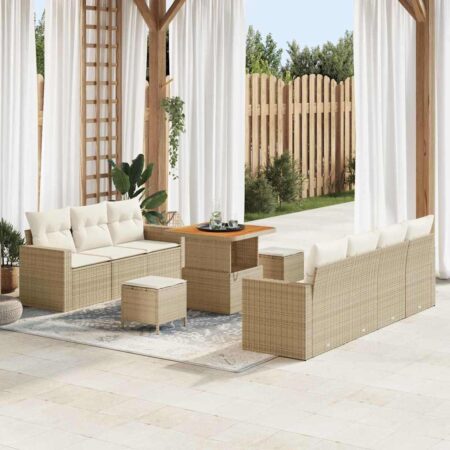 Havesofa sæt 10 stk i beige polyrattan med bord og skamler