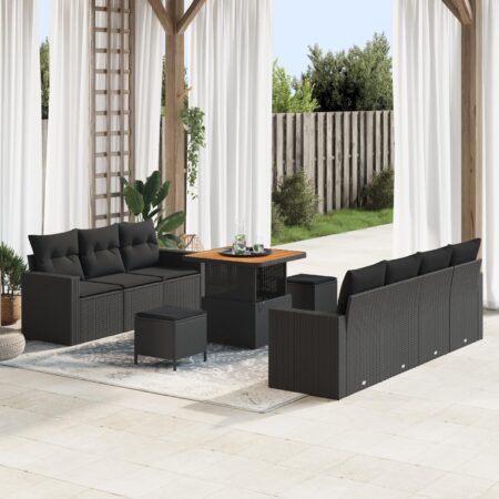 Havesofa sæt 10 stk i sort polyrattan med bord