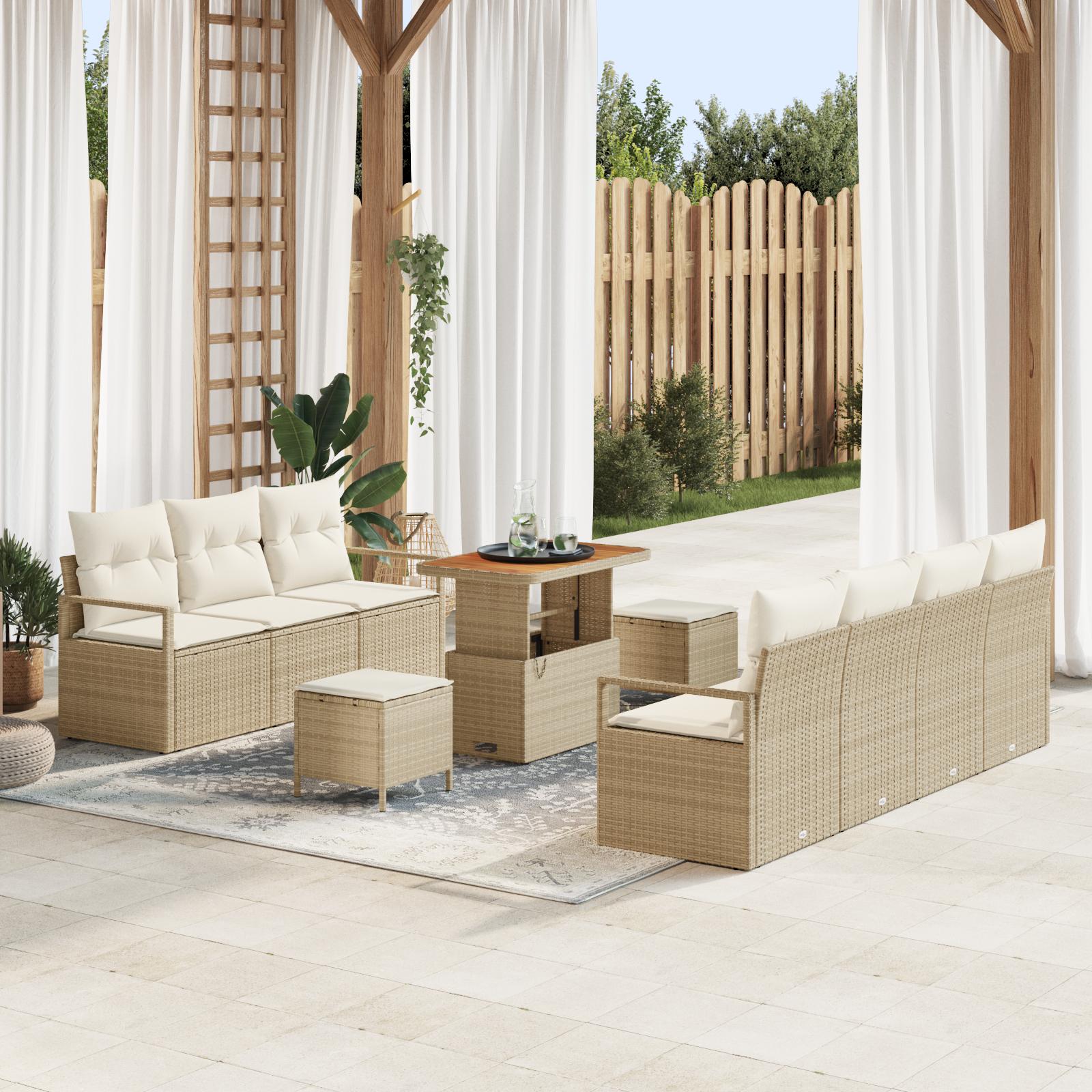 Havesofa sæt 10 stk med puder og højdejusterbart bord i beige polyrattan Havesofa sæt 10 stk med puder og højdejusterbart bord i beige polyrattan