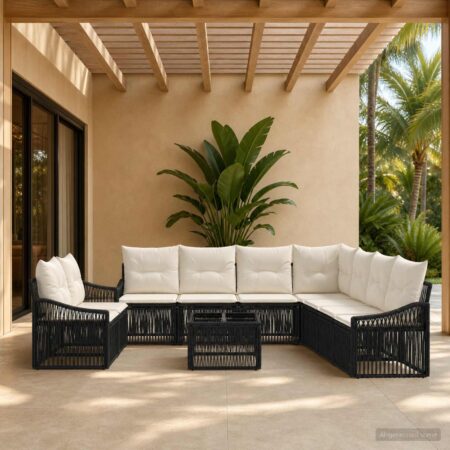 Havesofa sæt 10 stk. i sort polyrattan med bord