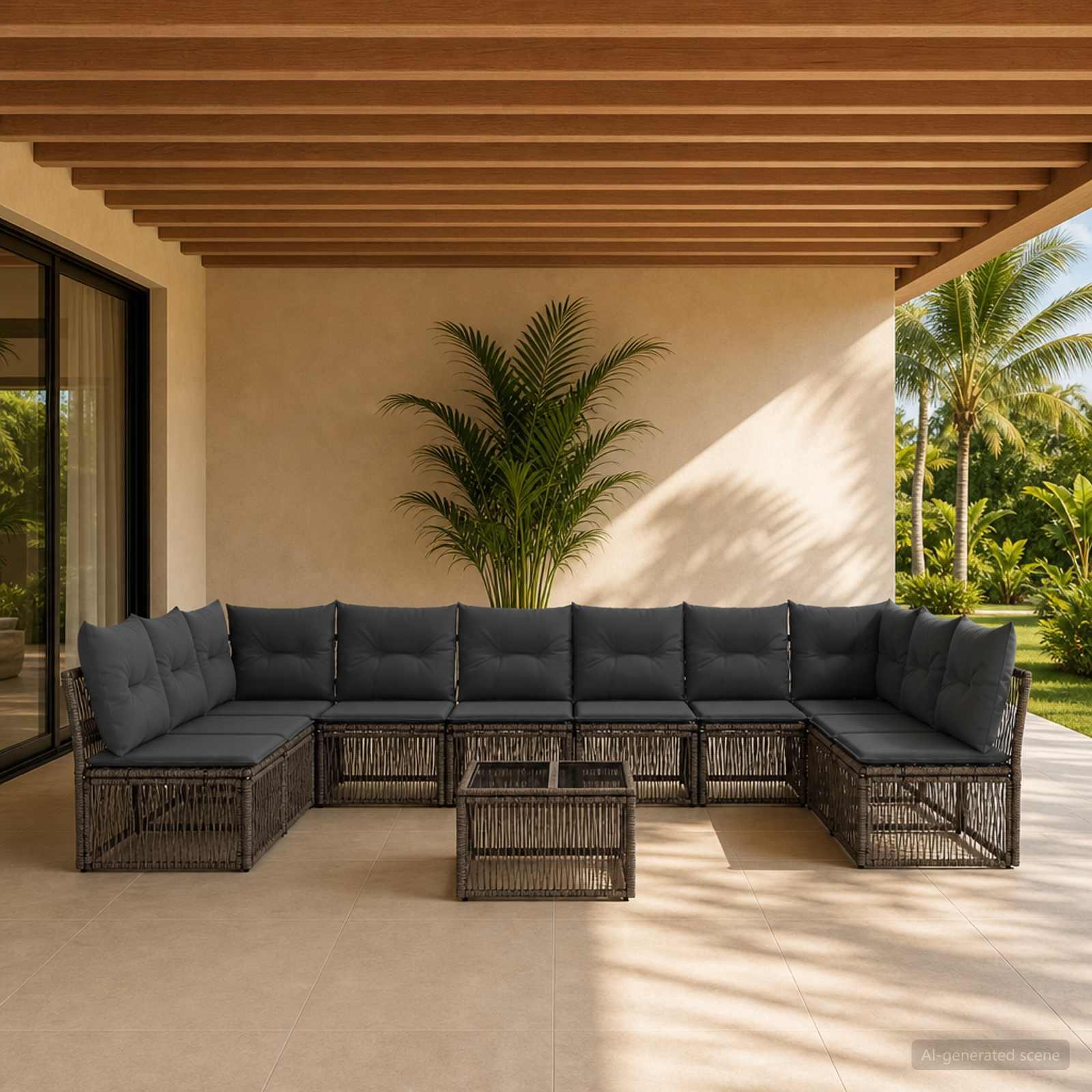 Havesofa sæt 11 stk. i grå polyrattan med modulsofa og bord Havesofa sæt 11 stk. i grå polyrattan med modulsofa og bord