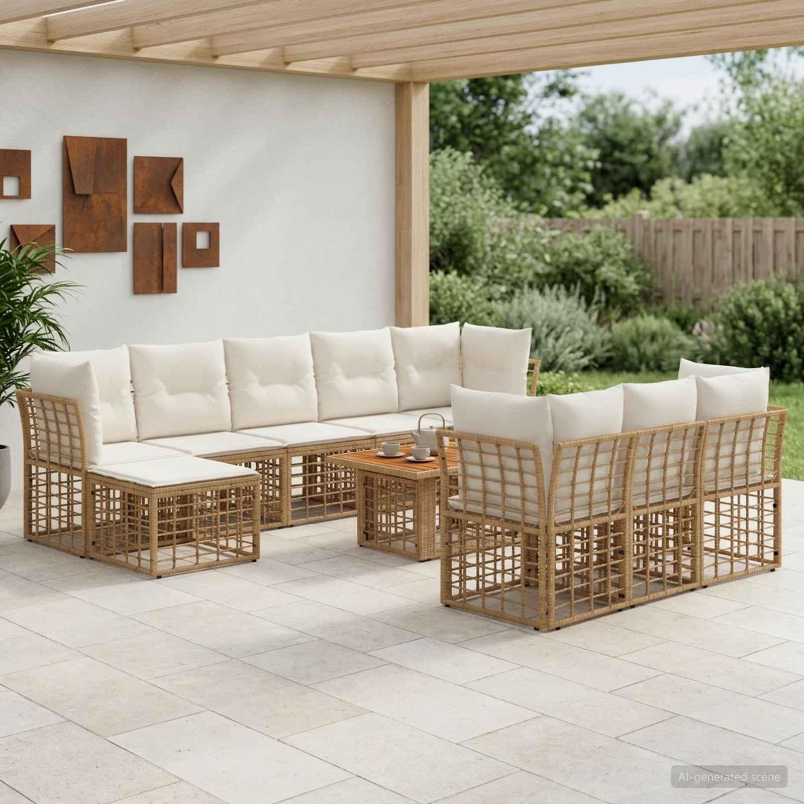 Havesofa sæt 11 stk. i polyrattan med bord - naturlig og cremehvid Havesofa sæt 11 stk. i polyrattan med bord - naturlig og cremehvid