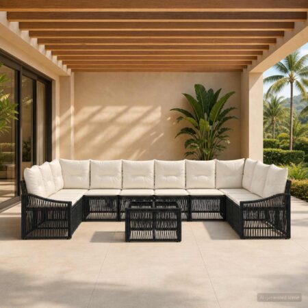 Havesofa sæt 11 stk. i sort polyrattan med bord