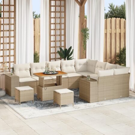 Havesofa sæt 12 dele med puder og hæve-sænke-bord i beige polyrattan